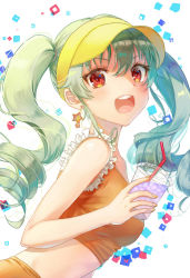 Rule 34 | 1girl, :d, anchovy (girls und panzer), casual, commentary, crop top, cup, disposable cup, drill hair, drinking straw, earrings, frilled shirt, frills, girls und panzer, green hair, hair ribbon, hat, holding, holding cup, jewelry, leaning forward, long hair, looking at viewer, macho ojiji, midriff, open mouth, orange shirt, red eyes, ribbon, shirt, smile, solo, star (symbol), star earrings, twin drills, twintails, upper body, visor cap, yellow hat