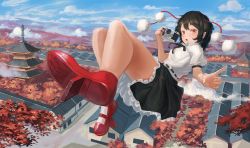 Rule 34 | 1girl, :o, arms up, autumn leaves, black hair, black skirt, blue sky, blush, camera, cityscape, cloud, day, dutch angle, fjsmu, flying, foreshortening, geta, hat, highres, holding, holding camera, index finger raised, knees up, looking at viewer, mountain, mountainous horizon, open mouth, outdoors, pagoda, petticoat, pointy ears, pom pom (clothes), puffy short sleeves, puffy sleeves, red eyes, red footwear, red hat, shameimaru aya, shirt, short hair, short sleeves, skirt, sky, solo, teeth, tengu-geta, tokin hat, touhou, tree, white shirt