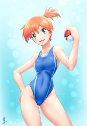 Rule 34 | 1girl, aozame takao, blue background, blue one-piece swimsuit, competition swimsuit, contrapposto, cowboy shot, creatures (company), female focus, game freak, gluteal fold, gradient background, gym leader, hand on own hip, highres, looking at viewer, misty (pokemon), nintendo, one-piece swimsuit, open mouth, orange hair, poke ball, poke ball (basic), pokemon, pokemon hgss, pokemon rgby, print swimsuit, short hair, side ponytail, signature, solo, standing, swimsuit, thighs
