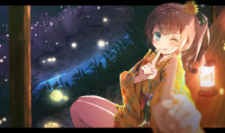 Rule 34 | 0344, 1girl, blue eyes, brown hair, commentary request, finger to mouth, floating lights, floral print, flower, hair between eyes, hair flower, hair ornament, highres, hololive, index finger raised, japanese clothes, kimono, lantern, letterboxed, looking at viewer, medium hair, natsuiro matsuri, one eye closed, plant, river, short kimono, short yukata, side ponytail, sitting, solo, sunflower, sunflower hair ornament, sunflower print, tongue, tongue out, virtual youtuber, wooden beam, wooden floor, yukata