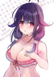 Rule 34 | 1girl, 9610 (kuroto), ahoge, bikini, black bikini, blush, breasts, dated, hair flaps, hairband, highres, kantai collection, large breasts, long hair, looking at viewer, low twintails, official alternate costume, purple hair, red eyes, ryuuhou (kancolle), solo, swimsuit, taigei (kancolle), twintails, twitter username, upper body, white background