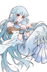 Rule 34 | 1girl, absurdres, bare shoulders, dress, feet out of frame, fire emblem, fire emblem: the blazing blade, highres, knees up, long dress, long hair, ninian (fire emblem), nintendo, open hands, own hands together, paiiart, parted lips, red eyes, sash, smile, snowflake print, solo, very long hair, watermark, white sash, wrist cuffs