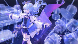 Rule 34 | 1girl, blue hair, bow, chair, closed eyes, crown, drum, drum set, english text, gloves, guitar, hair bow, hair ornament, hololive, hoshimachi suisei, hoshimachi suisei (stellar into the galaxy), idol clothes, instrument, jewelry, juliet sleeves, leg belt, long hair, long sleeves, mini crown, necklace, parted lips, piano, puffy sleeves, shorts, single glove, sky, solo, star (sky), star (symbol), star hair ornament, starry sky, virtual youtuber, waistcoat, whitem (whiteemperor2020)