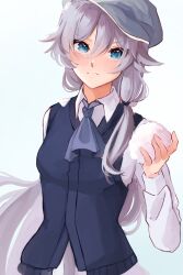 Rule 34 | 1girl, black hat, blue eyes, blue vest, blush, closed mouth, collared shirt, commentary, english commentary, expressionless, fu hua, gradient background, grey hair, hair between eyes, hand up, hat, highres, holding, holding snowball, honkai (series), honkai impact 3rd, long hair, long sleeves, looking at viewer, low ponytail, mofumanju, official alternate costume, ponytail, shirt, snowball, solo, upper body, vest, white shirt