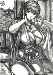Rule 34 | 1girl, architecture, breasts, cleavage, dead or alive, east asian architecture, hill, japanese clothes, kasumi (doa), large breasts, long hair, miko, monochrome, ponytail, short sleeves, sitting, skidrow, thighs