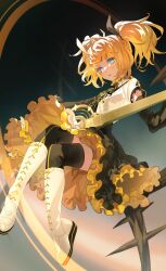 Rule 34 | 1girl, alternate hairstyle, aqua eyes, asahi yuuji, bass guitar, black dress, black thighhighs, blonde hair, boots, bow, cross-laced footwear, detached sleeves, dress, elbow gloves, floating, floating hair, frilled dress, frills, from below, gloves, gold trim, guitar, hair bow, hair ornament, hair ribbon, hairclip, high collar, highres, holding bass guitar, instrument, invisible chair, kagamine rin, kagamine rin (roshin yuukai/hard rkmix), knee boots, lace-up boots, looking at viewer, medium dress, music, official alternate hairstyle, open mouth, parted lips, playing instrument, reactor (module), ribbon, roshin yuukai (vocaloid), shirt over dress, short sleeves, short twintails, sitting, solo, swept bangs, thigh boots, thighhighs, twintails, two-sided fabric, two-tone dress, two-tone shirt, vocaloid, white footwear, zettai ryouiki