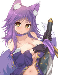 Rule 34 | 1girl, akahaneko, animal ear fluff, animal ears, blush, breast hold, breasts, cleavage, collarbone, covering privates, covering breasts, gloves, highres, holding, holding weapon, large breasts, makoto (princess connect!), midriff, navel, princess connect!, purple hair, simple background, solo, sweat, sword, tail, weapon, white background, wolf ears, wolf girl, wolf tail