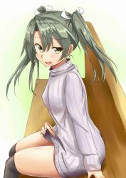 Rule 34 | 1girl, chan (akuty ikkot), green eyes, green hair, hair ribbon, highres, kantai collection, lifted by self, open mouth, ribbon, solo, sweater, thighhighs, thighs, tsurime, twintails, white ribbon, zuikaku (kancolle)