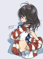 Rule 34 | 1girl, american flag shirt, amiami, dated, denim, derivative work, female focus, jacket, jeans, messy hair, midriff, navel, original, pants, photo-referenced, sleeves past wrists, solo