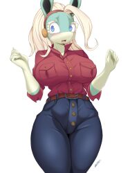 Rule 34 | 1girl, absurdres, animal ears, artist name, belt, blonde hair, blue eyes, blue pants, blush, boku no hero academia, breasts, cowboy shot, denim, embarrassed, eyebrows, eyelashes, female focus, furry, furry female, hands up, high-waist pants, highres, ippan josei, large breasts, long hair, looking afar, looking to the side, morris1611, open mouth, pants, red shirt, shirt, short sleeves, simple background, solo, standing, teeth, thick thighs, thighs, upper body, w arms, white background, wide hips