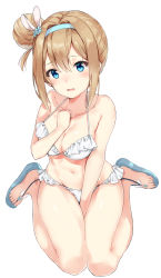 Rule 34 | 1girl, bare arms, bare legs, bare shoulders, between legs, bikini, blue eyes, blue flower, blue footwear, blue hairband, blush, breasts, cleavage, collarbone, commentary request, flower, full body, girls&#039; frontline, hair between eyes, hair bun, hair flower, hair ornament, hairband, hand between legs, hand on own chest, hand up, head tilt, highres, light brown hair, looking at viewer, medium breasts, minikon, navel, official alternate costume, parted lips, sandals, side bun, sidelocks, simple background, single hair bun, single side bun, sitting, solo, suomi (girls&#039; frontline), suomi (midsummer pixie) (girls&#039; frontline), swimsuit, toenails, wariza, white background, white bikini