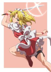 Rule 34 | 1girl, blonde hair, border, dress, gyouza (mhea5724), highres, holding, holding sword, holding weapon, looking at viewer, looking back, maid, maid headdress, pink background, red dress, red footwear, solo, sparkle, sword, touhou, weapon, white border, yellow eyes, yumeko (touhou)
