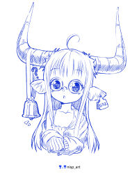 Rule 34 | :o, ?, absurdres, ahoge, animal ears, artist logo, artist name, bell, blush, collarbone, commentary request, cow ears, cow girl, cow horns, cropped torso, flat chest, glasses, hands up, highres, horns, jacket, long hair, nisp art, notice lines, open clothes, open jacket, original, pen (medium), russian commentary, shirt, sidelocks, simple background, sleeves past fingers, sleeves past wrists, upper body, white background