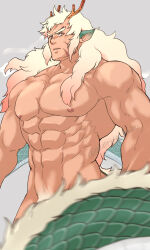 Rule 34 | 1boy, abs, antlers, bara, chinese zodiac, completely nude, cowboy shot, dragon boy, dragon horns, dragon tail, frown, highres, horns, large pectorals, long hair, looking at viewer, male focus, male pubic hair, monster boy, motion blur, muscular, muscular male, navel, nipples, nude, obliques, original, owariya ranko, pectorals, pubic hair, solo, standing, stomach, tail, tail censor, thick eyebrows, tiger stripes, very long hair, year of the dragon