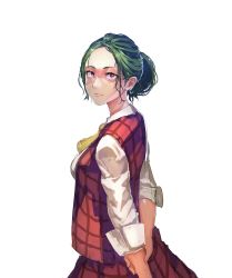 Rule 34 | 1girl, absurdres, alternate hairstyle, ascot, blouse, commentary request, from side, green hair, highres, kazami yuuka, kikimifukuri, long sleeves, looking at viewer, plaid, plaid skirt, red eyes, shirt, short hair, simple background, skirt, sleeves rolled up, solo, touhou, white background, white shirt, yellow ascot