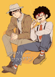 Rule 34 | 2boys, afro, artist name, black hair, brown footwear, brown jacket, cigarette, earrings, facial hair, franky franklin, glasses, hat, jacket, jewelry, knee up, lhonert, long sleeves, male focus, multiple boys, necktie, open mouth, own hands together, red-framed eyewear, red necktie, shirt, sitting, socks, spy x family, striped clothes, striped socks, stubble, suspenders, sweater, white shirt, yellow background