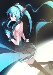 Rule 34 | 1girl, absurdres, arm tattoo, backless dress, backless outfit, black footwear, blue hair, blue nails, boots, breasts, dress, floating hair, grey dress, hair between eyes, hatsune miku, headphones, headset, highres, holding, index finger raised, long hair, microphone, nail polish, pleated dress, shoulder blades, sideboob, sleeveless, sleeveless dress, small breasts, solo, standing, tattoo, thigh boots, thighhighs, twintails, uito yzwa, vocaloid, wrist cuffs, zettai ryouiki
