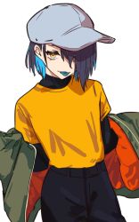 Rule 34 | 1girl, absurdres, arknights, asbestos (arknights), baseball cap, binware, black hair, blue eyes, blue hair, blue tongue, colored inner hair, colored tongue, commentary, flat chest, hair over one eye, hat, highres, jacket, looking at viewer, multicolored hair, no eyepatch, open clothes, open jacket, shadow, shirt, short hair, solo, tongue, tongue out, white background, yellow shirt