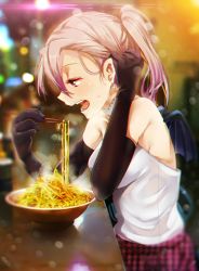 Rule 34 | 1girl, adjusting hair, chopsticks, chromatic aberration, earrings, eating, elbow gloves, food, gloves, jewelry, noodles, original, pink eyes, ponytail, ramen, ryouma (galley), silver hair, solo, wings