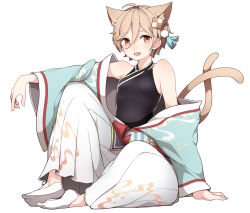 Rule 34 | 1boy, :d, animal ears, bare shoulders, brown eyes, brown hair, cat ears, cat tail, commentary request, ensemble stars!, full body, hair between eyes, hair ornament, japanese clothes, kinakomoti, male focus, mashiro tomoya, multiple tails, open mouth, short hair, simple background, sitting, smile, solo, tail, trap, two tails, white background, wide sleeves