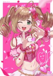 Rule 34 | 1girl, absurdres, ahoge, bare shoulders, belly chain, blurry, blurry foreground, blush, bow, breasts, character signature, confetti, crop top, cropped shirt, detached sleeves, dot nose, drill hair, finger heart, green eyes, grid background, hair bow, hair ornament, hair scrunchie, hands up, heart, heart-shaped ornament, heart hair ornament, highres, idolmaster, idolmaster cinderella girls, idolmaster cinderella girls starlight stage, jewelry, large breasts, looking at viewer, midriff, navel, one eye closed, open mouth, outside border, pink background, pink bow, pink ribbon, pink scrunchie, pink shirt, pink skirt, pink sleeves, plaid, plaid shirt, red ribbon, ribbon, ribbon-trimmed clothes, ribbon trim, sato shin, scrunchie, shirt, skirt, sleeveless, sleeveless shirt, smile, solo, star (symbol), star hair ornament, teeth, tongue, twin drills, twintails, twitter username, upper body, usama, wing ornament, wrist scrunchie