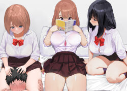 Rule 34 | 1boy, 3girls, black hair, blue eyes, blush, book, bow, bowtie, breasts, brown hair, closed mouth, collared shirt, commentary request, kaisen chuui, large breasts, looking at another, multiple girls, original, pleated skirt, purple eyes, reading, red bow, red bowtie, shirt, sitting, skirt, smile, thighs, white shirt