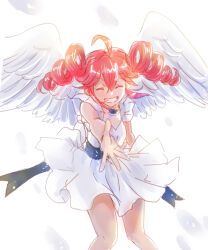 Rule 34 | ahoge, angel, angel wings, blue choker, blue ribbon, breasts, choker, commentary, dress, dress ribbon, drill hair, feathered wings, frilled choker, frills, grin, hair between eyes, half-closed eyes, highres, kasane teto, leaning forward, long hair, nazuki, parted lips, reaching, reaching towards viewer, red hair, ribbon, sleeveless, sleeveless dress, small breasts, smile, sundress, twin drills, utau, white background, white dress, white wings, wings