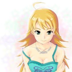 Rule 34 | 00s, 1girl, ahoge, bare shoulders, blonde hair, breasts, cleavage, closed mouth, collarbone, eyebrows, green eyes, hoshii miki, idolmaster, idolmaster (classic), idolmaster 1, jewelry, lips, long hair, looking at viewer, necklace, off shoulder, smile, solo, strap slip, takahashi ren, thick eyebrows, upper body