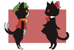 Rule 34 | animal, animalization, border, bow, cat, chen, chen (cat), clothed animal, colored sclera, detached collar, frills, hat, looking at another, mob cap, multiple tails, necktie, no humans, onikobe rin, orange sclera, red background, red bow, red necktie, red sclera, red shirt, rumia, shirt, tail, touhou