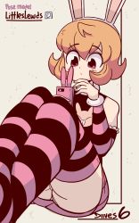 Rule 34 | 1girl, animal ears, animated, animated gif, ass, bare shoulders, blush, cameltoe, cellphone, detached sleeves, diives, english text, fake animal ears, frilled sleeves, frills, highres, hunter x hunter, leg lift, looking at phone, looking at viewer, medium hair, miniskirt, open mouth, orange hair, panties, pantyshot, phone, pink skirt, piyon (hunter x hunter), pleated skirt, rabbit ears, red eyes, sidelocks, signature, simple background, skirt, smartphone, striped clothes, striped sleeves, striped thighhighs, thighhighs, twitter username, underwear, upskirt, white background