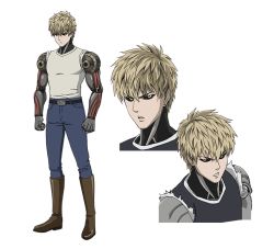 Rule 34 | 1boy, black sclera, blonde hair, colored sclera, cyborg, genos, male focus, official art, one-punch man, simple background, solo