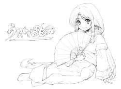 Rule 34 | 1girl, ainu clothes, animal ears, aquaplus, blush, breasts, closed mouth, eruruu, full body, greyscale, hand fan, highres, holding, holding fan, long hair, monochrome, nike abc, parted bangs, raised eyebrows, sash, seductive smile, sidelocks, sitting, sketch, small breasts, smile, solo, tail, translation request, utawarerumono, very long hair