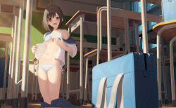 Rule 34 | 1girl, bag, bare shoulders, blue sailor collar, blue skirt, blush, bra, breasts, brown eyes, brown hair, chair, clothes pull, collarbone, commentary request, desk, highres, indoors, kneeling, looking at viewer, mottsun (i 40y), navel, off shoulder, open clothes, open mouth, open shirt, original, panties, pleated skirt, sailor collar, school bag, school chair, school desk, school uniform, serafuku, shirt, short sleeves, side-tie panties, skirt, skirt pull, small breasts, solo, striped bra, striped clothes, striped panties, underwear, undressing, white shirt