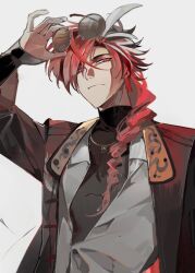 1boy adjusting_eyewear braid braided_ponytail brendas46157301 eyewear_on_head fate/grand_order fate_(series) hair_over_one_eye highres holding holding_removed_eyewear jacket long_hair long_sleeves looking_at_viewer male_focus multicolored_hair red_eyes red_hair simple_background single_braid smile streaked_hair sunglasses takasugi_shinsaku_(fate) turtleneck unworn_eyewear upper_body white_background white_hair