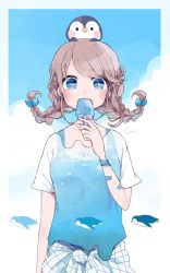 Rule 34 | + +, 1girl, animal, animal on head, artist name, bandaid, bandaid on arm, bird, bird on head, blue eyes, blush, bow, braid, chon (chon33v), clothes around waist, eating, fang, food, hair bow, highres, holding, holding food, light brown hair, long hair, looking at viewer, on head, open mouth, original, penguin, popsicle, see-through, shirt, short sleeves, solo, swept bangs, t-shirt, tareme, twin braids, twintails, upper body