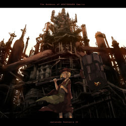 Rule 34 | 1girl, blonde hair, character name, copyright name, english text, glasses, gregorius yamada, hammer, hat, highres, industrial pipe, letterboxed, pixiv fantasia, pixiv fantasia 3, short hair, solo, steampunk, watanabe (pixiv fantasia)