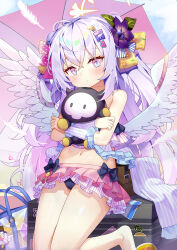 Rule 34 | 1girl, angel wings, azusa (blue archive), azusa (swimsuit) (blue archive), blue archive, blush, flat chest, hair between eyes, halo, highres, holding, holding stuffed toy, long hair, looking at viewer, navel, official alternate costume, pink eyes, solo, stuffed toy, taku michi, white hair, white wings, wings, yellow halo