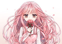 Rule 34 | 1girl, blunt bangs, bow, commentary, covered mouth, cross-laced clothes, cross-laced dress, dress, eloru, english commentary, fingernails, flower, gradient background, holding, holding flower, long hair, long sleeves, looking at viewer, nikki (miracle nikki), petals, pink dress, pink eyes, pink flower, pink hair, pink rose, plaid, plaid dress, red bow, rose, shining nikki, shirt, sleeveless, sleeveless dress, sleeves past wrists, solo, straight-on, striped clothes, striped shirt, upper body, vertical-striped clothes, vertical-striped shirt, vertical-striped sleeves, white shirt, white sleeves, yellow background