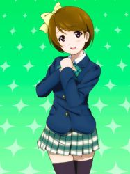 Rule 34 | 1girl, artist name, artist request, black jacket, black legwear, blue cardigan, blush, bow, bowtie, breasts, brown hair, buttons, cardigan, checkered clothes, checkered skirt, collared shirt, female focus, green background, green bow, green skirt, hair between eyes, jacket, koizumi hanayo, long sleeves, looking at viewer, love live!, love live! school idol festival, love live! school idol project, miniskirt, parted lips, plaid, plaid skirt, pleated, pleated skirt, purple eyes, school uniform, shirt, short hair, skirt, smile, solo, sparkle, striped, striped bow, white shirt, yellow bow