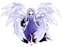 Rule 34 | 1girl, absurdly long hair, alphes (style), angel, angel wings, bare legs, barefoot, blue hair, breasts, closed mouth, collarbone, collared shirt, dairi, dress, eyebrows, feathered wings, feathers, full body, hair intakes, highres, holding, left-handed, long hair, long sleeves, multiple wings, parody, parted bangs, purple dress, red eyes, sariel (touhou), scepter, seraph, shirt, small breasts, smile, solo, style parody, touhou, touhou (pc-98), transparent background, undershirt, very long hair, white wings, wide sleeves, wings