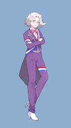 Rule 34 | 1girl, akita (akita 1113), blue background, blue eyes, bow, collared shirt, crossed arms, glasses, gloves, high heels, highres, jacket, lobelia carlini, looking to the side, pants, pink bow, purple jacket, purple pants, round eyewear, sakura taisen, sakura taisen iii, shirt, short hair, smile, solo, white footwear, white gloves, white hair