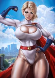 Rule 34 | 1girl, artist name, belt, blonde hair, blue eyes, blue gloves, blurry, blurry background, breasts, cape, cityscape, cleavage, cleavage cutout, clothing cutout, cloud, covered abs, cowboy shot, dandon fuga, dc comics, flexing, gloves, hand on own hip, heattech leotard, highleg, highleg leotard, large breasts, leotard, muscular, muscular female, paid reward available, partially fingerless gloves, power girl, red belt, red cape, short hair, sky, solo, turtleneck, white leotard