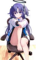 Rule 34 | 1girl, bare legs, barefoot, black halo, black skirt, blue archive, blue necktie, blush, chair, closed mouth, collared shirt, feet, feet on chair, foot out of frame, halo, hand on own knee, hands on own knee, highres, hood, hooded jacket, jacket, knee up, leg up, legs, long hair, looking at viewer, necktie, office chair, pleated skirt, purple eyes, purple hair, sakurai makoto (custom size), shirt, sitting, skirt, solo, swivel chair, toenails, toes, two side up, white jacket, white shirt, yuuka (blue archive)
