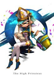 Rule 34 | + +, 1girl, alternate hair color, aqua hair, bad id, bad pixiv id, blue dress, blue footwear, book, brown eyes, closed mouth, domino mask, dress, english text, full body, hat, highres, holding, holding book, holding weapon, inkling, kashu (hizake), light smile, long sleeves, looking to the side, marie (splatoon), mask, mole, mole under eye, nintendo, pointy ears, shoes, short dress, short hair, sitting, solo, splatoon (series), splatoon 1, tarot, tarot (medium), tentacle hair, the high priestess (tarot), thighhighs, weapon, white hat, white thighhighs