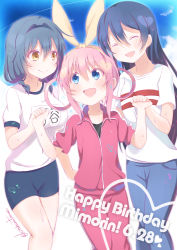 Rule 34 | 10s, 3girls, :d, ^ ^, bad id, bad pixiv id, black hair, blue eyes, blue hair, breasts, brown eyes, casual, closed eyes, collarbone, crossover, dated, english text, furutani himawari, girl sandwich, gradient background, gym uniform, happy birthday, holding hands, kitahara tomoe (kitahara koubou), large breasts, love live!, love live! school idol festival, love live! school idol project, mimori suzuko, multiple crossover, multiple girls, name tag, open mouth, pink hair, sandwiched, sherlock shellingford, shirt, signature, smile, sonoda umi, t-shirt, tantei opera milky holmes, track suit, twitter username, voice actor connection, yuru yuri