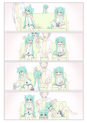 Rule 34 | 1boy, 3girls, 4koma, puff of air, absurdres, aqua eyes, aqua hair, aqua necktie, bare arms, bare legs, barefoot, between legs, black skirt, clone, comic, commentary, controller, cup, faceless, faceless male, game controller, giving, grin, hatsune miku, highres, holding, holding another&#039;s leg, holding controller, holding cup, holding game controller, jitome, kinosuke (pattaba), lap pillow, long hair, looking at another, lying, master (vocaloid), miniskirt, multiple girls, nail polish, necktie, notice lines, on back, open mouth, patting, pleated skirt, shirt, sitting, skirt, sleeveless, sleeveless shirt, smile, sweat, tan, tanline, twintails, very long hair, vocaloid, white shirt