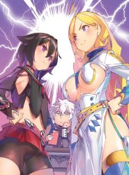 Rule 34 | 1boy, 2girls, :&lt;, ahoge, belt, bike shorts, black hair, blonde hair, blue eyes, blue thighhighs, blush, breasts, closed mouth, cowboy shot, crop top, dress, electricity, from below, frown, hagure madou kyoushi no unlimited eiyuu houteishiki, hair between eyes, hair flaps, hands on own hips, large breasts, lily hilton, long hair, long sleeves, looking at another, midriff, multiple girls, navel, novel illustration, official art, parted bangs, pelvic curtain, popqn, purple eyes, rosa wild, short hair, shorts, shorts under skirt, small breasts, smile, standing, thighhighs, underboob, v-shaped eyebrows, white dress