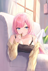 Rule 34 | 1girl, black shirt, blue eyes, breasts, brightlight, casual, cleavage, couch, elysia (honkai impact), food, full body, highres, holding, holding food, honkai (series), honkai impact 3rd, indoors, jacket, large breasts, long hair, long sleeves, looking at viewer, lying, no shoes, on stomach, open clothes, open jacket, open mouth, pink hair, shirt, solo, thighhighs, white thighhighs, window, yellow jacket