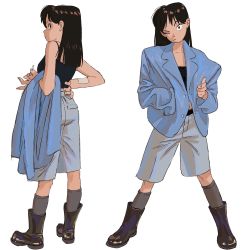 Rule 34 | 1girl, black footwear, black hair, black shirt, blue jacket, boots, dkswodbs96, fashion, full body, grey legwear, grey shorts, hand in pocket, hand on own hip, highres, jacket, long hair, multiple views, one eye closed, original, pointing, pointing at viewer, profile, shiny footwear, shirt, shorts, shoulder pads, simple background, socks, standing, white background