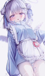 Rule 34 | 1girl, absurdres, angel wings, apron, bandaid, bandaid on face, blue jacket, blue ribbon, blush, commentary request, double bun, grey hair, hair bun, hair ribbon, halo, highres, jacket, jersey maid, long sleeves, looking at viewer, maid, maid headdress, medium hair, original, panties, panties under pantyhose, pantyhose, parted lips, ribbon, simple background, sleeves past fingers, sleeves past wrists, solo, striped clothes, striped panties, turtleneck, turtleneck jacket, unconventional maid, underwear, white apron, white background, white pantyhose, wings, yunmi 0527, zipper